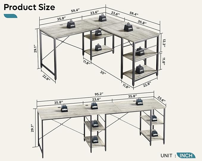 Bestier L Shaped Desk 95.2 Inch Reversible Corner Computer Desk with Shelves 2 Person Long Table for Home Office Large Writing Storage Workstation with 3 Cable Holes Rustic Brown Grey Oak