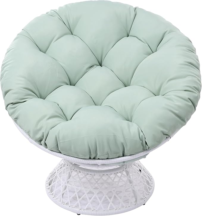 360° Swivel Papasan Chair - 350lbs Capacity Indoor/Outdoor Wicker Lounge Chair with Thick Cushion Modern Accent Chair for Living Room Bedroom Patio (White &amp Aqua Cushion)