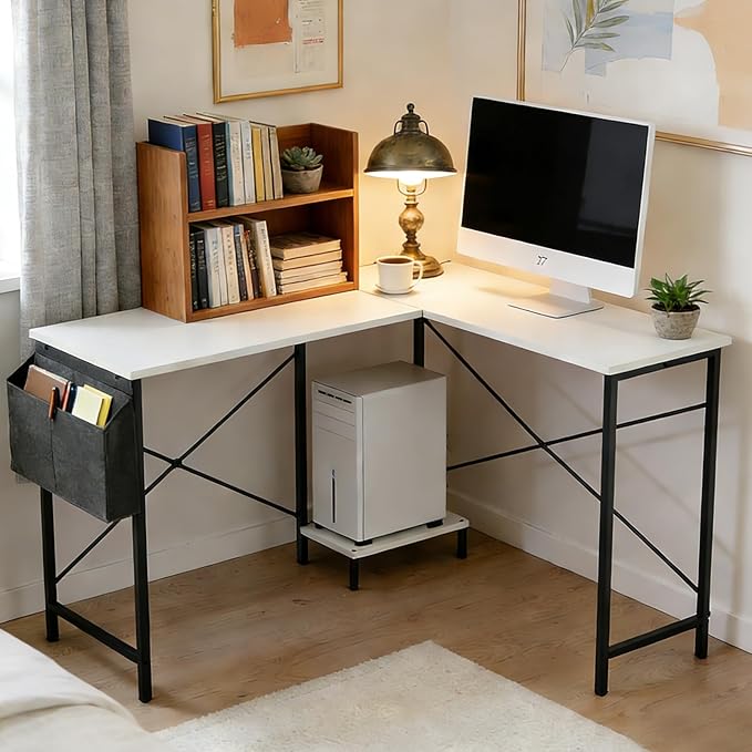 L-Shaped Home Office Computer Desk Gaming Desk with CPU Stand Shelf and Hanging Storage Pocket Corner Student Study Writing Table Sturdy Metal Frame 43.3 D x 50 W Classic White