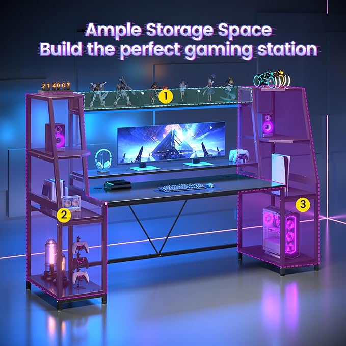 SEDETA Gaming Desk 78.8'' with LED Lights Hutch and Storage Shelves Computer Desk with Monitor Stand Large PC Gamer Desk Workstation Ergonomic Gaming Table for Bedroom Living Room Black