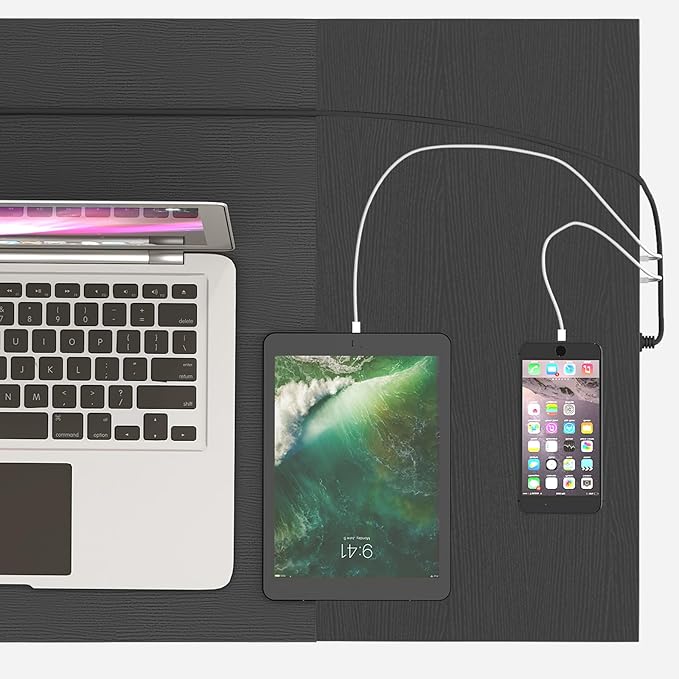 HOOBRO Computer Desk Home Office Desk with Power Outlet Modern Study Writing Desk with 3 Hooks for Study Room Home Office Sturdy and Stable Easy to Assemble Black BB40UDN01
