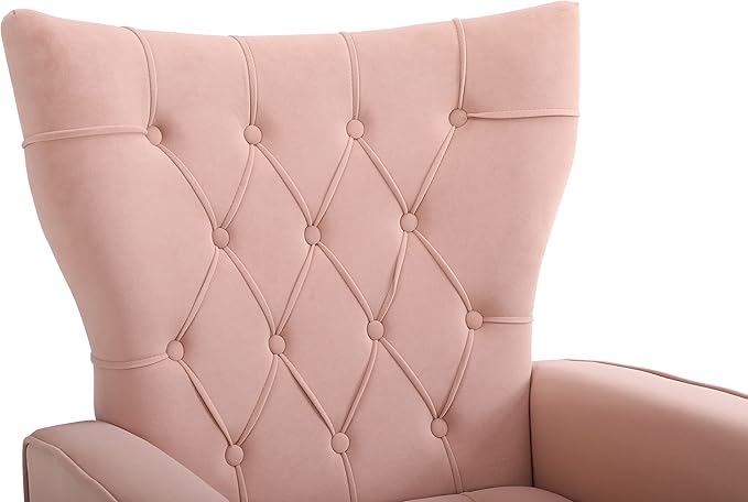 Velvet Accent Chair with Ottoman Modern Lounge Chair with Wing Backrest &amp Metal Legs Upholstered Single Leisure Sofa Chair Reading Chair for Living Room Bed Room Office (Pink)
