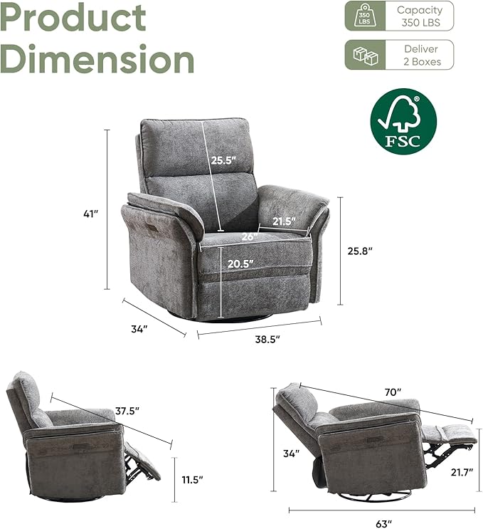 Oversized Power Recliner Chair Swivel Glider with Massage and Heat Rocker Nursery Recliner for Adults with Adjustable Headrest 26 Extra Wide Nursery Chair with Overstuffed Armrest Dark Grey