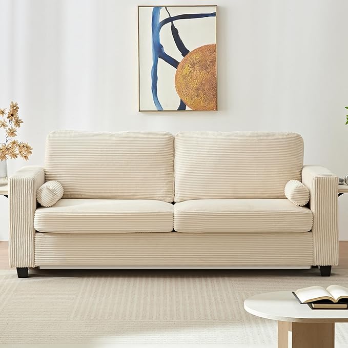 Mjkone 82 Width Queen Size Pull Out Sofa Bed Sleeper Couch with Pull Out Beds 2-in-1 Convertible Corduroy Loveseat Sleeper Sofa Couch Bed with Folding Mattress for Living Room Home Apartment Beige