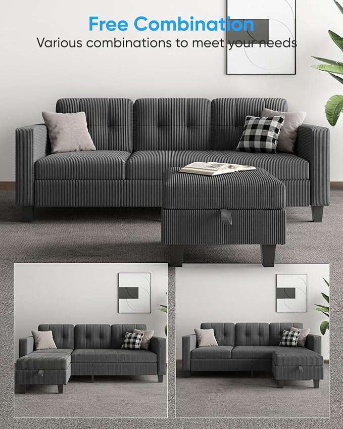 76 Inch L Shaped Sofa Corduroy Convertible Sectional Couch with Reversible Storage Ottoman Modern 3 Seat Sectional Sofa for Living Room Apartment and Small Space