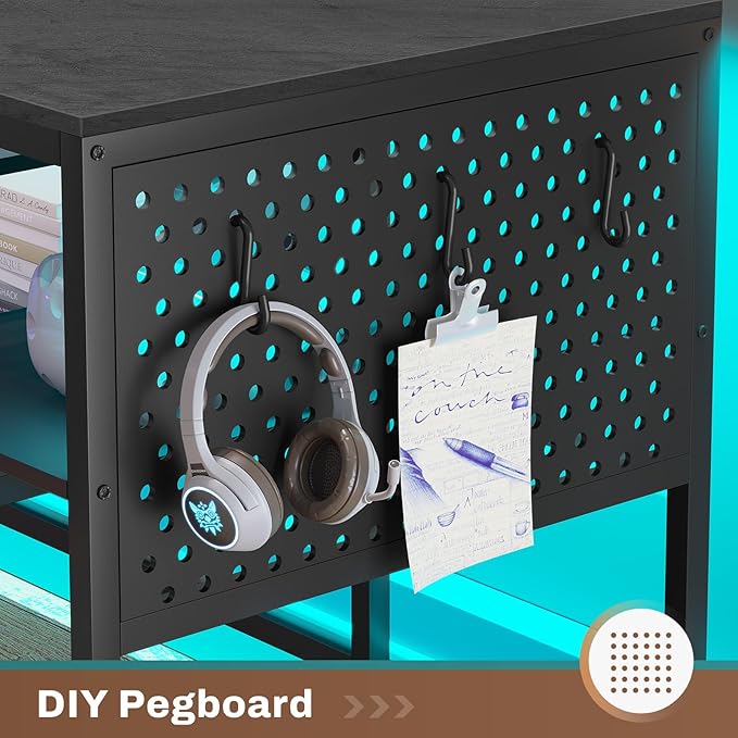 SEDETA L Shaped Gaming Desk Convertible 96 Home Office Desk or Corner Desk L Shaped Table with Power Outlets &amp LED Strip Monitor Stand Keyboard Tray Pegboard and Storage Shelves Grey