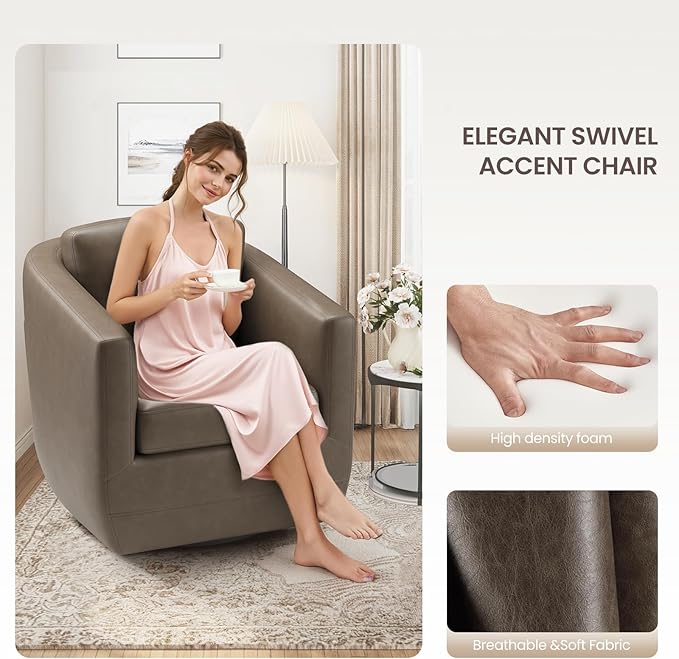 COLAMY 360° Swivel Accent Chair with Pillow Leather Living Room Armchair No-Sag Foam &amp Sturdy Metal Base Fully Assembled Swivel Accent Single Sofa for Bedroom Living Room Reading Room Wolf Gre