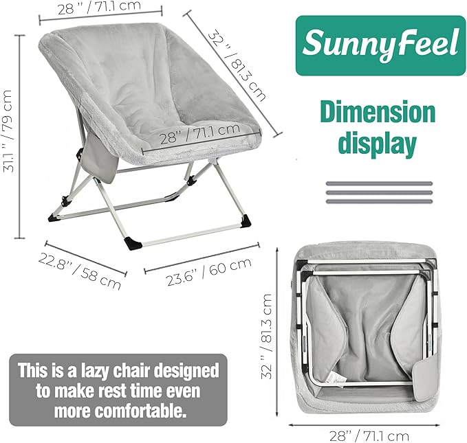 SUNNYFEEL Comfy Folding Saucer Chair for All SeasonsRemoval Faux Fur Soft Chair for AdultsReading Chair for Living Room Bedroom Dorm Metal Frame Moon Chair(Grey)