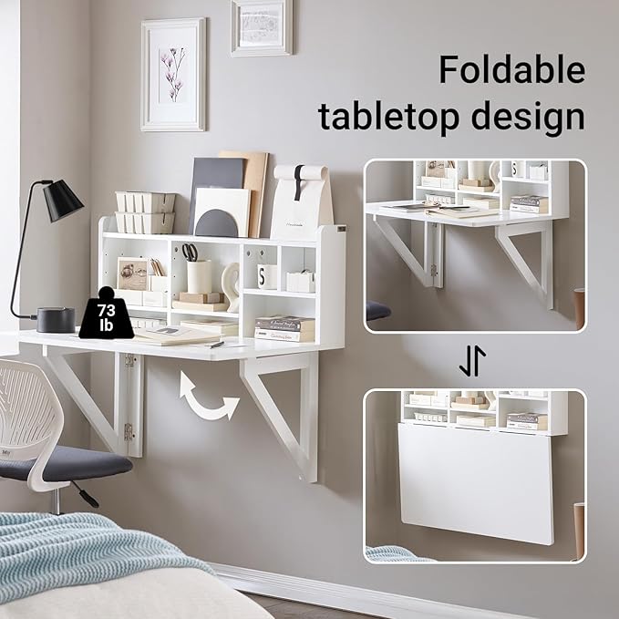 SoBuy Wall Mounted Folding Table Foldable Floating Desk for Small Spaces Fold Down Workstation Table with Adjustable Shelf for Home Office Bedroom or Kitchen White FWT07-II-W