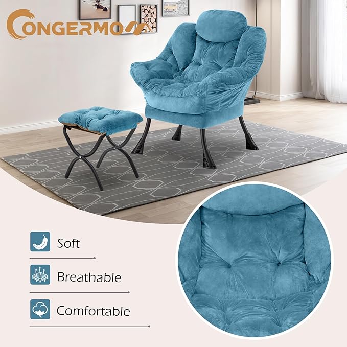 Lazy Chair with Folding OttomanLeisure Sofa ChairSoft Fabric Armchair with Armrests and Side Pockets Reading Chair with Footrest for Living Room Bedroom Office (Plush Blue)
