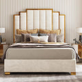 AMERLIFE Queen Size Upholstered Bed Modern Velvet Bed Frame with 61.4” Tall Gold Trim Headboard No Box Spring Needed Cream