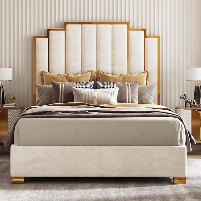 AMERLIFE Queen Size Upholstered Bed Modern Velvet Bed Frame with 61.4” Tall Gold Trim Headboard No Box Spring Needed Cream