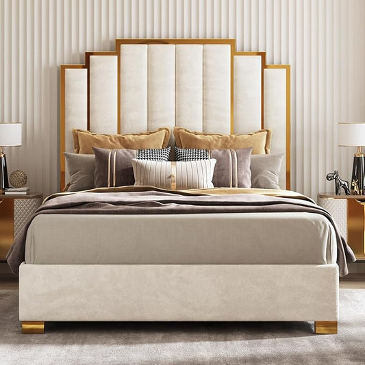 AMERLIFE Queen Size Upholstered Bed Modern Velvet Bed Frame with 61.4” Tall Gold Trim Headboard No Box Spring Needed Cream