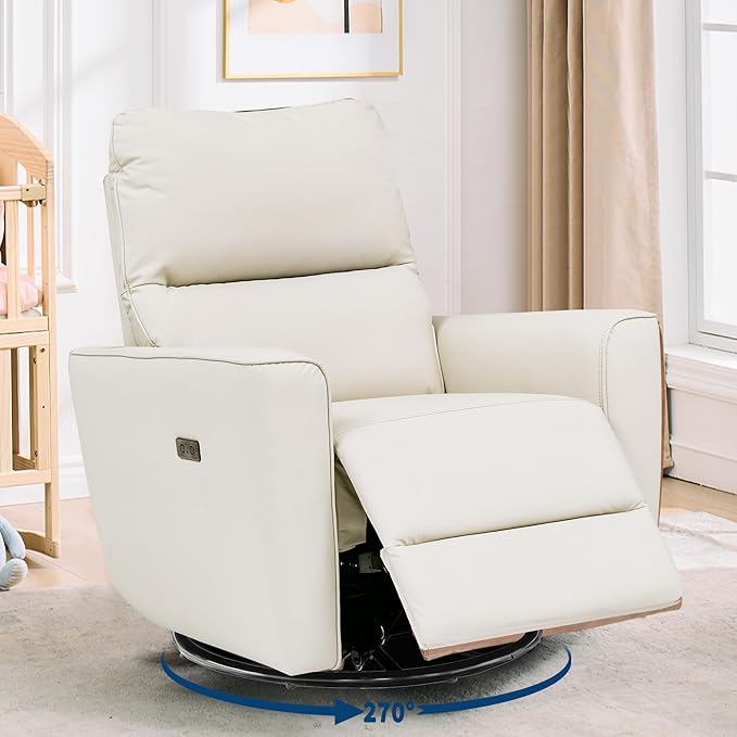 GAOMON Power Recliner Chair Swivel Glider Faux Leather Upholstered Nursery Rocker Reclining Sofa Chair with Charging Port Curved Armrests &amp Padded Backrest for Living Room and Bedroom (Gray)