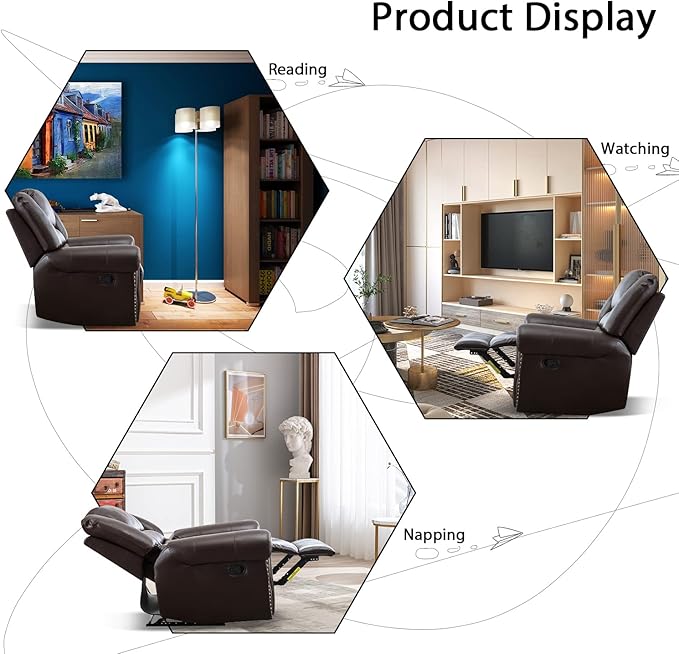 INZOY Leather Recliner Chair Heavy Duty Manual Reclining Sofa Single Lounge Sofa for Living Room Home Theater Seating Brown