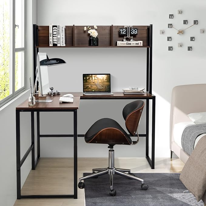 MEDIMALL L-Shaped Desk w/Storage Shelf Reversable Corner Desk Game Table w/Sturdy Metal Frame Multifunctional Computer Desk for Home Office (Walnut)