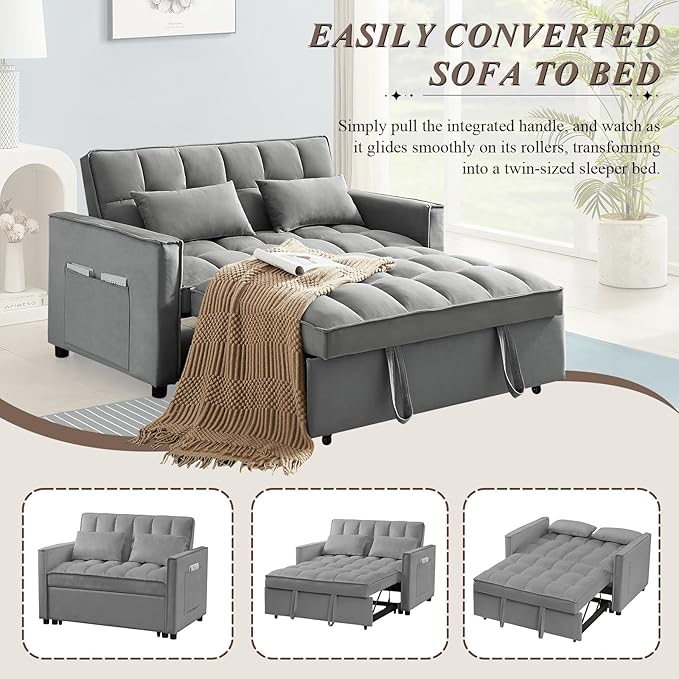 3 in 1 Convertible Sleeper Sofa Bed Futon Couches for Living Room with Side Pocket/Adjustable Backrest Velvet Upholstered Pull Out Couch Small Loveseat Sofa Bed for Bedroom Office Small Spaces