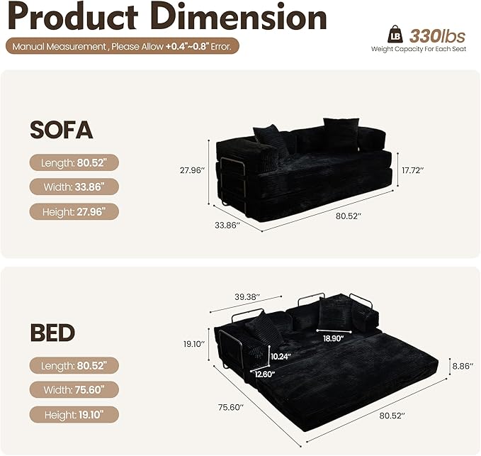 4-in-1 Folding Convertible Sofa Bed 81 Boneless Couch with Pillow Back Support Armrest Corduroy Loveseat Sleeper Compression Couch Floor Sofas Futon for Living RoomBlack