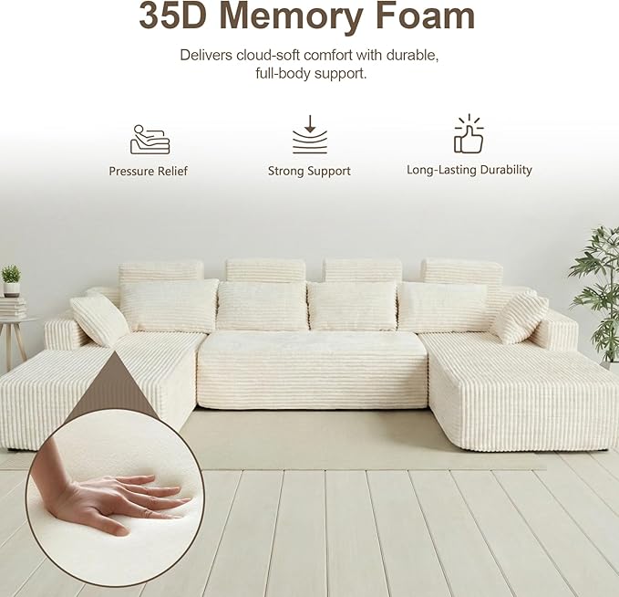 134 U-Shape Oversized Cloud Boneless Sofa Couch with Chaise Modern Modular Sectional Comfy U-Shape Cloud Couch Deep Seat No Assembly Required (White) | Boneless Sofa Ergonomic Design