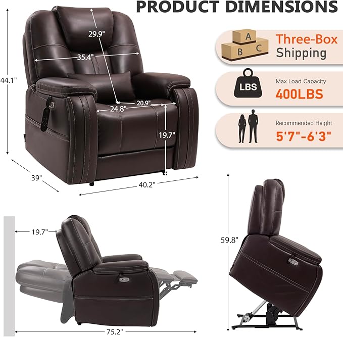 EONIX Triple Motor Lay Flat Power Lift Recliner Chair for Elderly with Adjustable Headrest 400lbs Electirc Lift Chair for Living Room Lumbar Pillow Extended Footrest Dark Brown