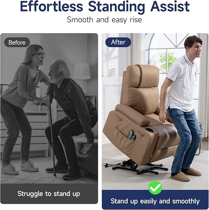 Brage Living Power Lift Recliner Chair for Elderly with Massage &amp Heat PU Leather Electric Recliner with 160° Adjustable Recline Stand Assist Remote Control Cup Holders &amp Side Pockets (Bro