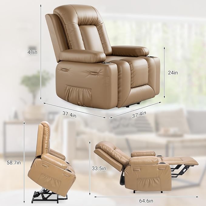 Power Lift Recliner with Heat and Massage – Adjustable Reclining Chair for Elderly with Cup Holders Side Pockets and USB Port for Living Room 22 Seat Earthy Yellow