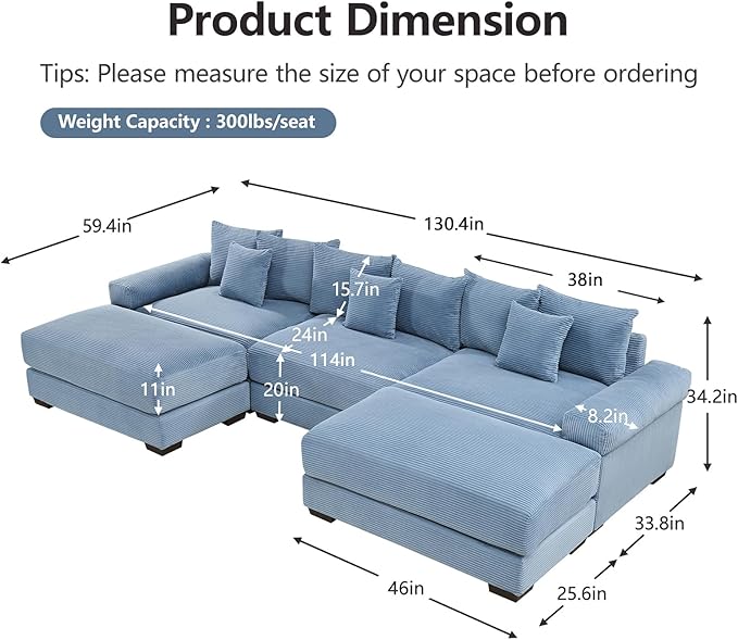 130.4 Oversized Modular Sectional Sofa Corduroy Large Sectional Couches for Living Room 3 Seater Couches with 2 Movable Ottomans Modern Deep Seat Sofa Set U Shaped Blue