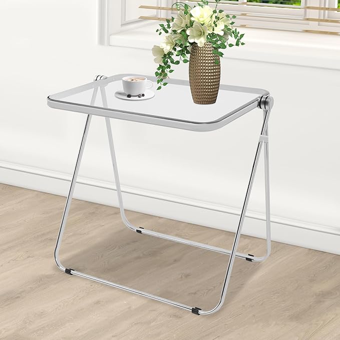 Folding TV Tray Table Acrylic Foldable Desk No Assembly Required Mini Folding Desk for Home Office Living Room Bed Room Outdoor (Silver + Clear)