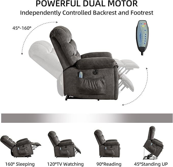 CANMOV Power Lift Recliner Chair for Elderly with Massage and Heat Electric Lift Chair with 2 Side Pockets and Cup Holders USB &amp Type-C for Living Room Black