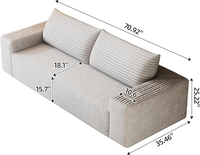 71 Loveseat Sofa in a BoxPlush Corduroy Fabric Deep Seat CouchNo Assembly RequiredSpace-Saving DesignComfy Seater Sofa for Living Room Apartment Bedroom &amp OfficeModernWhite