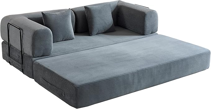 Convertible Sleeper Sofa Bed with Fixed-Shape Frame Modern Corduroy Folding Boneless Couch with 2 Pillows Comfy Floor Sofa Couch for Living Room No Assembly Required Grey