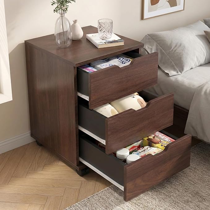 3 Drawer File Cabinet for Home Office 3-Drawer Vertical Filing Cabinet Rolling Wood Mobile File Cabinets Under Desk for Home Office with Casters (Brown)