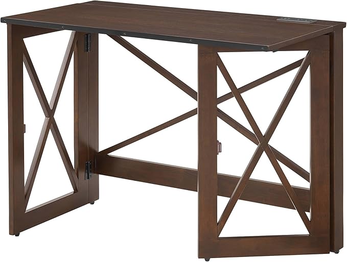 MECO Stakmore 110 Volt Stylish Versatile Expandable Folding Desk with Built in Outlets for Home Office Den or Living Room Espresso