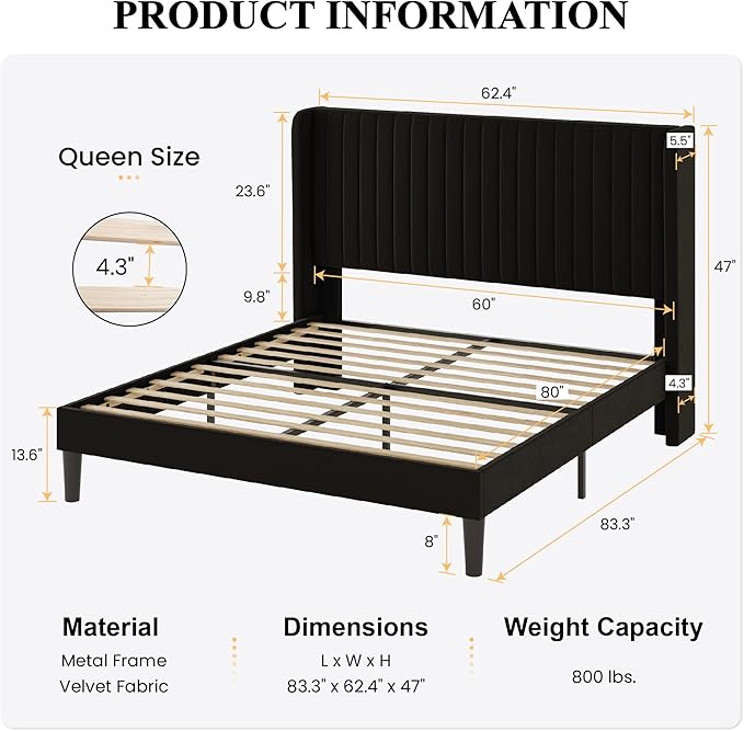 SHA CERLIN Queen Size Velvet Bed Frame with Vertical Channel Tufted Wingback Headboard Upholstered Platform Bed with Wood Slats No Box Spring Needed Easy Assembly Black