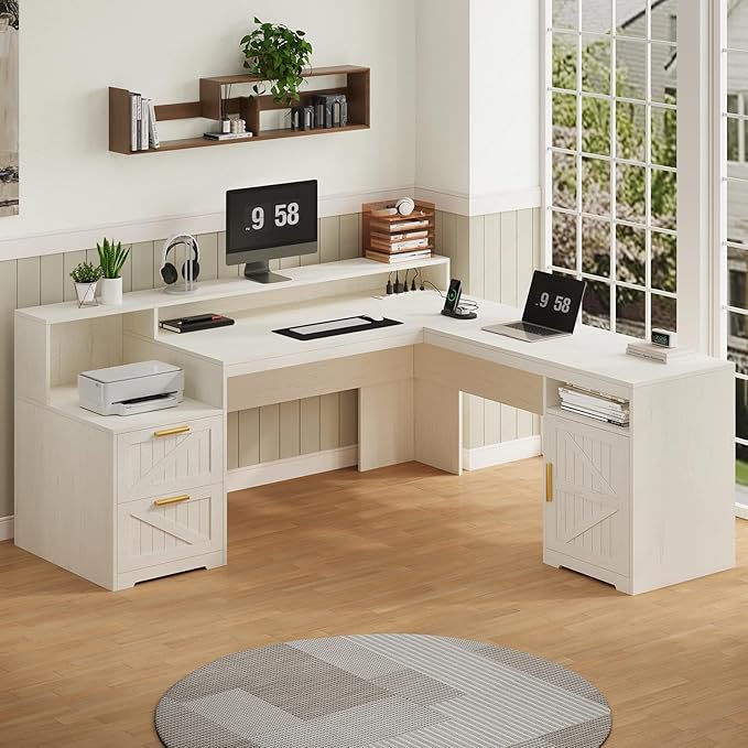63 Farmhouse L Shaped Executive Desk with Drawers &amp Storage Shelf Corner Computer Desk with Power Outlets L Shaped Office Desk with Monitor Stand Printer Shelf White