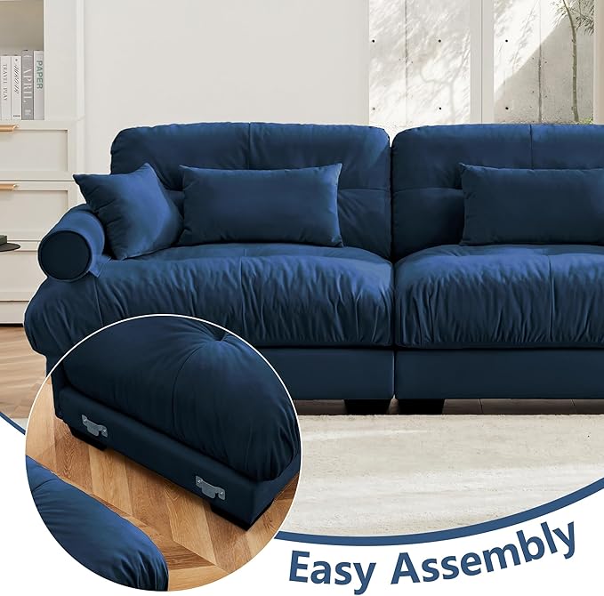 166 Modern Oversized Modular Cloud Sectional Sofa 4-Seater L-Shaped Couch Sofa with Pillows and Thick Cushions Comfortable Velvet Living Room Sofas Set for Home Theater &amp Apartment Blue