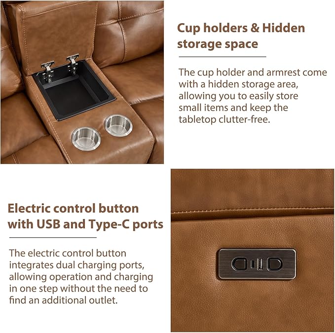 CANMOV Genuine Leather Power Recliner Loveseat 2 Seat Loveseat Reclining Sofa with Storage ConsoleHidden Cup HoldersModern Electric Recliner Couch Set for Living Room BedroomBrown