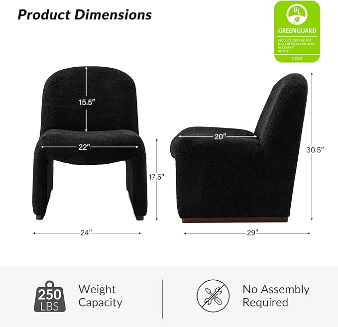 HULALA HOME Modern Accent Chair Set of 2 Upholstered Side Chair with Solid Wood Legs Streamlined Armless Slipper Chair with Curved Seat Bedroom Living Room Chair for Adults (Black)