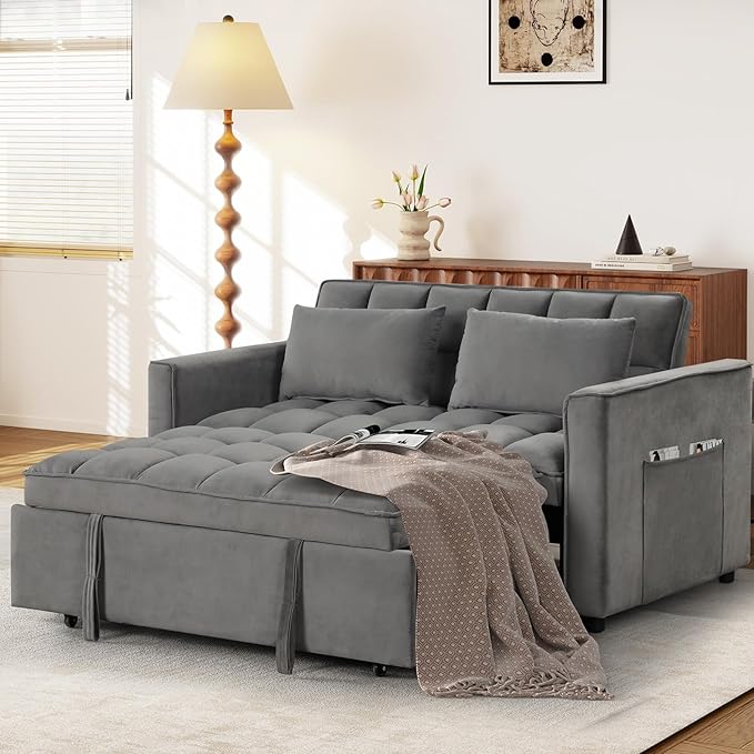 ANJ 3 in 1 Convertible Sofa Bed Pull Out Futon Loveseat Sleeper Sofa Couch with Adjustable Backrest Storage Pockets 2 Pillows for Living Room Bedroom