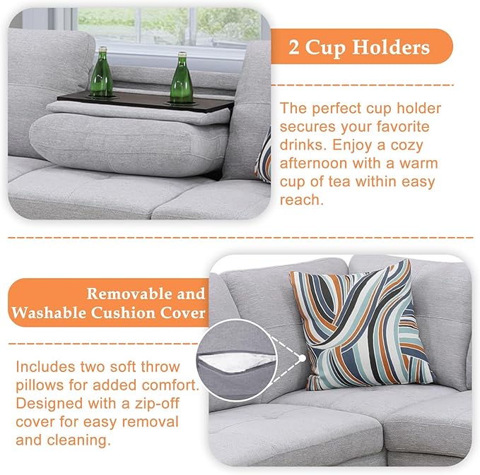 Wakefit Sectional Sofa Couch Modern 4-Seaters Living Room Furniture Sets with Chaise Lounge Ottoman &amp 2 Pillows | L Shape Couch | Cup Holder | Linen Fabric Light Gray