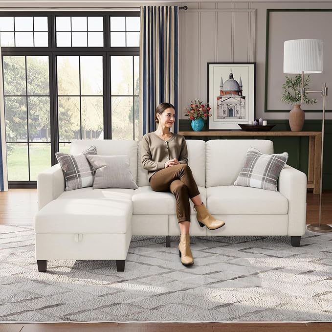 Sectional Sofa Couches for Living Room-78''Convertible Modular Three-Seater L-Shaped Pet-Friendly CouchWashable Sofa Cover-Bench StorageSuitable for Small Living RoomApartmentOffice-Beige