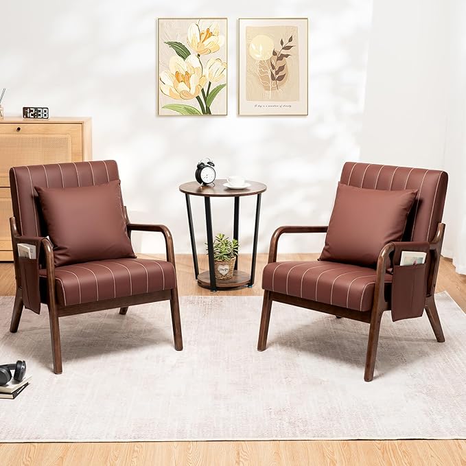 HOMMPA Mid-Century Modern Accent Chair Set of 2 Comfy Reading Armchair with Solid Wood Frame &amp Lumbar Pillow Upholstered Linen Lounge Chair with Side Pocket for Living Room BedroomBalcony (Bro