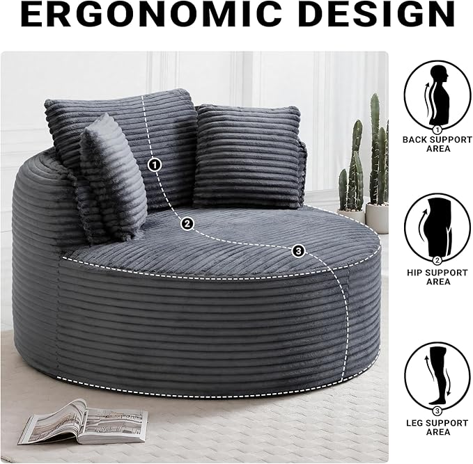 54-inch Oversized Round Chaise Longue Chair Indoor Modern Upholstered Corduroy Deep Seat Circle Cloud Chair Single Boneless Reading Chair for Living Room Bedroom Apartment Gray