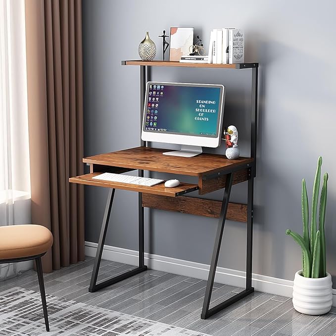 2-Tier Computer Desk with Keyboard Tray28 Inch Ladder Desk Home Office Writing Desk with Storage Hutch for Small Space Modern Writting Table (Brown)
