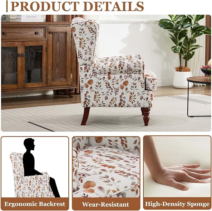 Vintage Floral Accent Chair Wingback Chair with Arms for Living Room Antique Occasional Side Chair|High Back|Ticken Seat Cushion|Fabric Upholstered (Blue) (Brown Yellow A)
