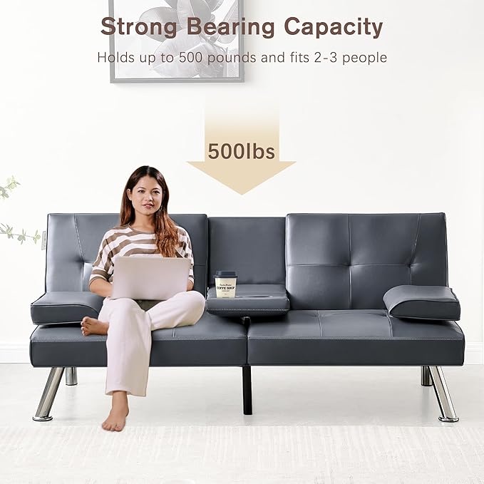 Convertible Futon Sofa BedPU Leather Modern Couch Loveseat Sleeper Folding Daybed Guest Bed Removable Armrests 2 Cup Holders Metal Legs (Gray)