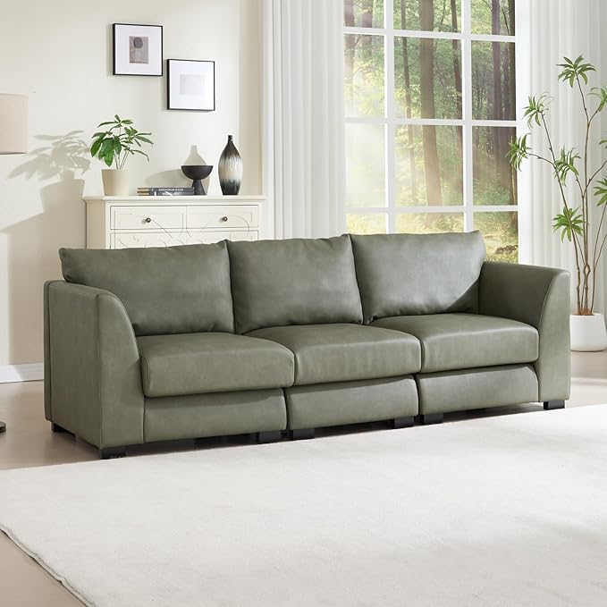 HEAH-YO 91 Inch Modular Sectional Sofa 3-Seater Sectional Couch with High Density Foam Comfy Cloud Couch for Living Room PU Green