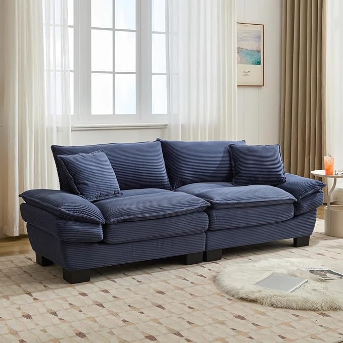 Modern 84 Corduroy Loveseat Sofa Ultra-Comfy Couch with 2 Pillows for Apartment Living Room Bedroom Home Office (Blue)