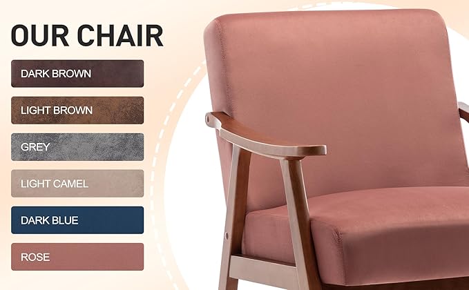 Mid-Century Modern ChairUpholstered Armchair Living Room Chair with Solid Wood Frame Comfy Reading Chairs Lounge Side Chair for Living RoomBedroomBelcony. (Pink+Fabric)