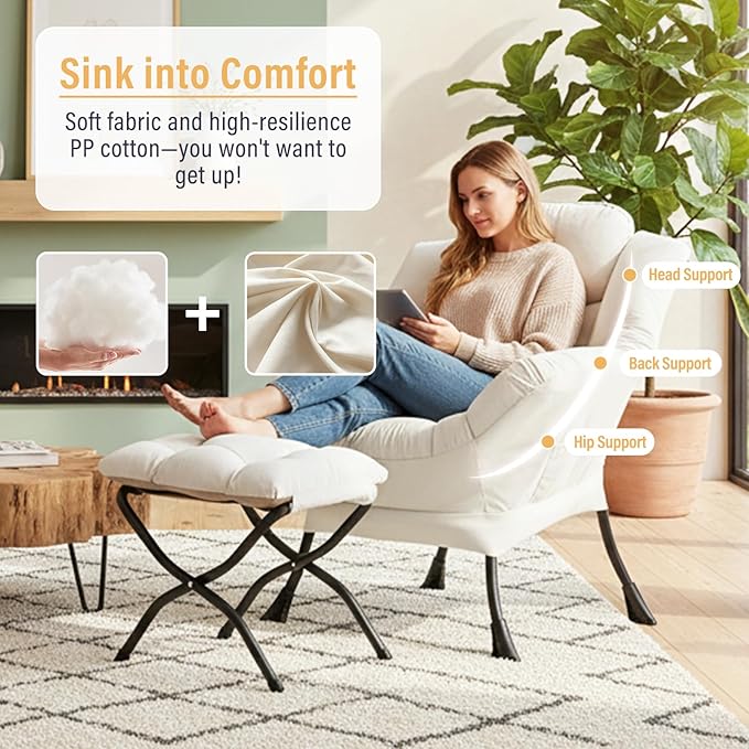 Lazy Chair with Ottoman Modern Accent Chair with Armrests and a Side Pocket Beige Accent Chairs Reading Chairs Oversized Armchairs for Bedroom Study Living Room Courtyard